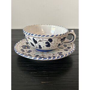 Italian Hand-Painted Ceramic Cup & Saucer Set Rooster Center Blue/White Decor